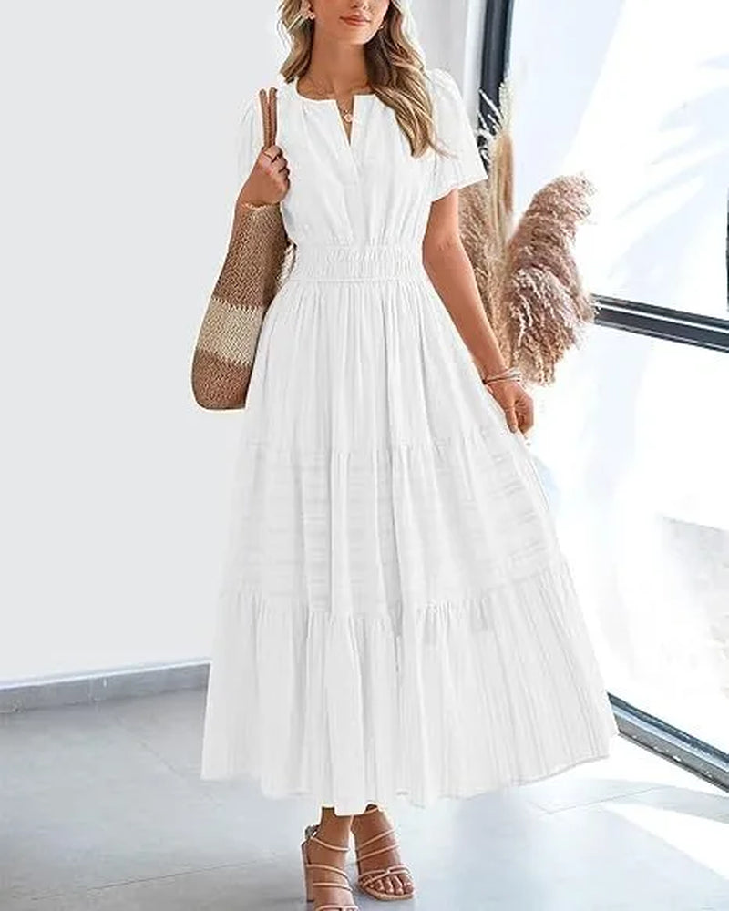 VivaSpring™ Layered Swing Dress – Women's V-Neck, Bubble Sleeves, and Big Swing Design for Effortless Style